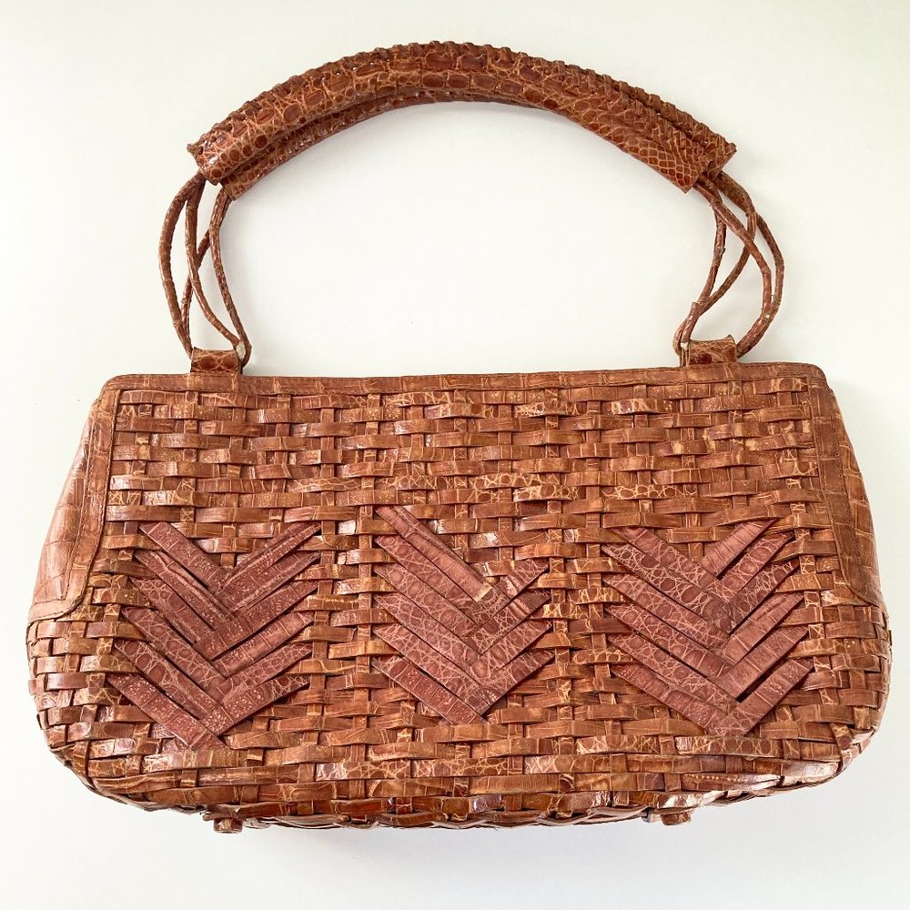 Nancy Gonzalez Tan Woven Crocodile 2 Strap Shoulder Purse One Size